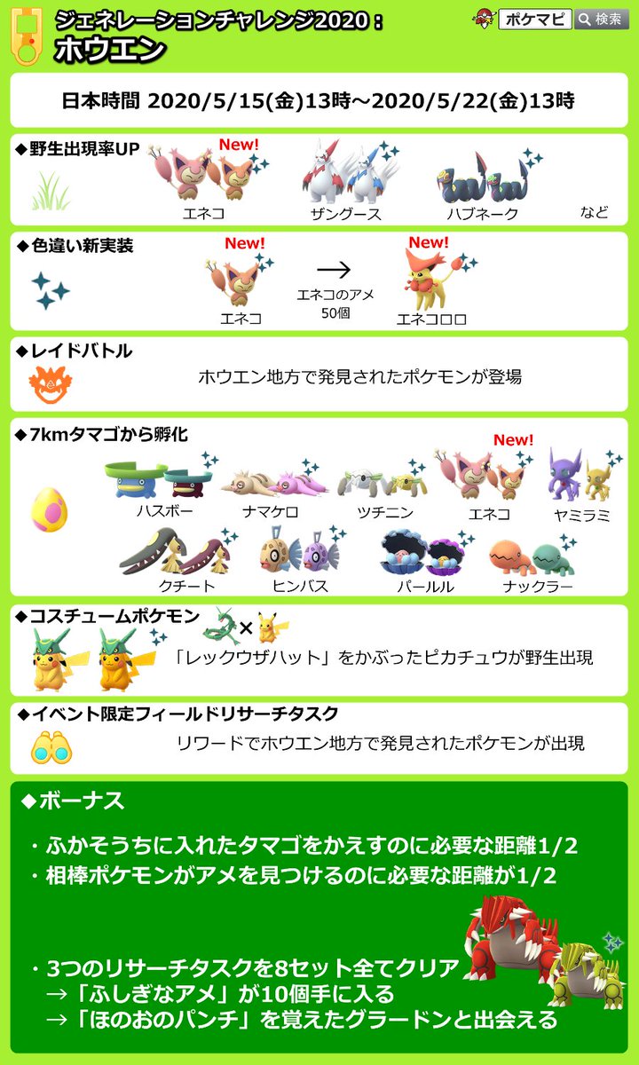 ポケモンgo攻略情報 ポケマピ ジェネレーションチャレンジ ホウエン 5 15 金 13時 5 22 金 13時 ホウエンポケモン出現率up 色違いエネコ実装 レックウザハットピカチュウ 孵化 相棒距離1 2 限定リサーチタスク ほのおのパンチ を