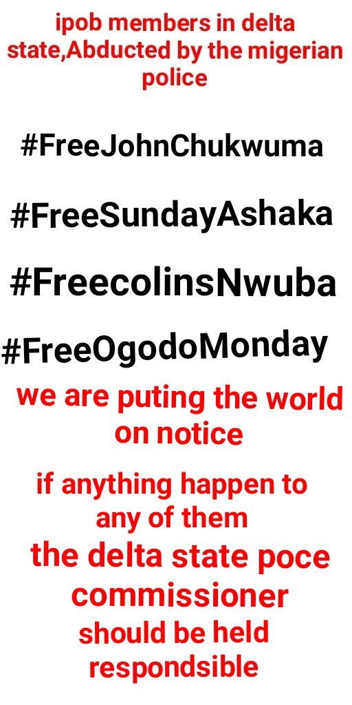 Maziajuzieogu1's tweet photo. These are Ipob Members that was kiddnapped by the Delta State Governor of Nigeria
#DeltaStateCommand @GovOkowa
There offences are, being an #Ipob members & demanding for the #FreedomOfBiafra
IPOB are peaceful people.
@MaziNnamdiKanu @AmnestyUK @UNHumanRights @IpobosisiomaLga https://t.co/6fg71ZEjPS