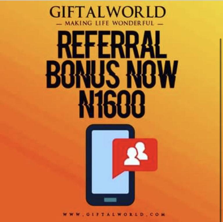 robertodeh's tweet image. Giftalworld promised more values , here we are with another classic value.

Beware we now reward N1600 as referral bonus , no other platform can beat this.

More Goodies ahead stay tuned 💸💰💡🔥🤗. To know more about Giftalworld kindly visit our website 
giftalworld.com/how-it-works