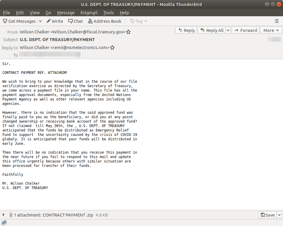 abuse_ch's tweet photo. #malspam campaign impersonating the US department of Treasury, distributing #Adwind (?) RAT in the United States ๐บ๐ธ
QUA #qrypter (JAR):
https://t.co/CkqBwCpBfA https://t.co/V0yGfrpP7b