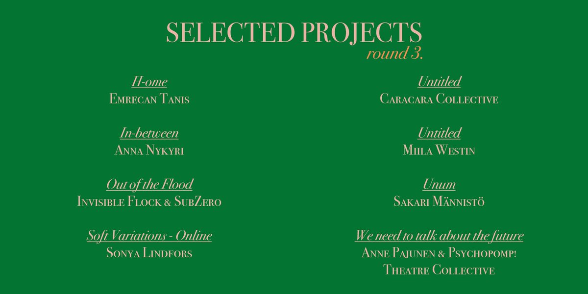 Here are the selected projects of the third round of #TogetherAloneFi! Nine weeks and 437 applications later we have commissioned a total of 20 artists and collectives. More info coming soon regarding individual projects, stay tuned! <a href="/instituutit/">Suomen kulttuuri- ja tiedeinstituutit ry</a> #FinnishInstitutes