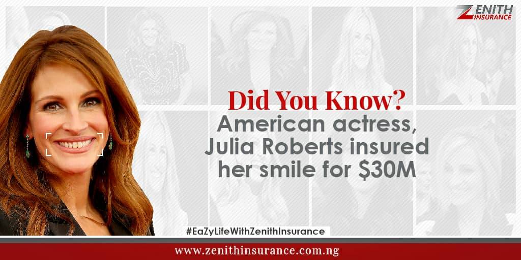 zenithinsng's tweet photo. DidYouKnow? American actress, Julia Roberts insured her smile for $30M.
How much do you think your whole body is worth? Dial *5966# to get your Personal Accident plan today.

#EazyLifeWithZenithInsurance #ZenithInsurance https://t.co/nnyR2AH9qg
