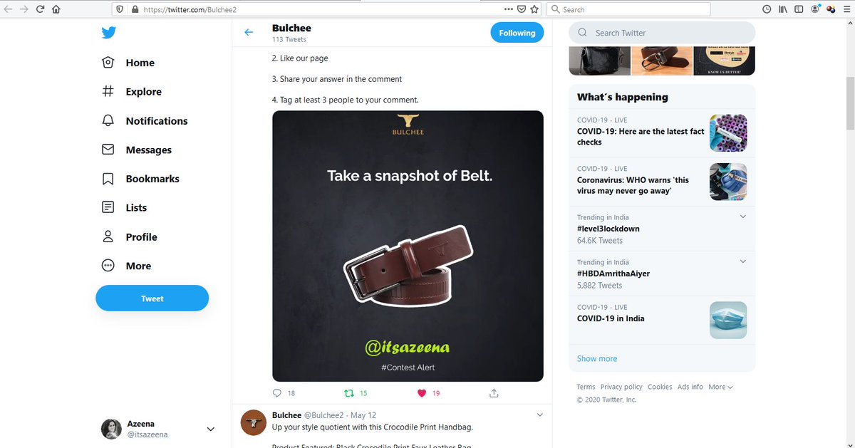 itsazeena's tweet photo. @Bulchee2 Here's my Perfect Screenshot
@Bulchee2 #Bulchee #BulcheeContestAlert #BulcheeLeatherAccessories #ThinkBulchee #ContestAlert #Contest
@reemadeewan
@emNishant
@Sandeep20460748
@Sangeetha0505
@mira_begum
@Sanjiv_34
@Mehul_lm https://t.co/VhLyFN0jO0