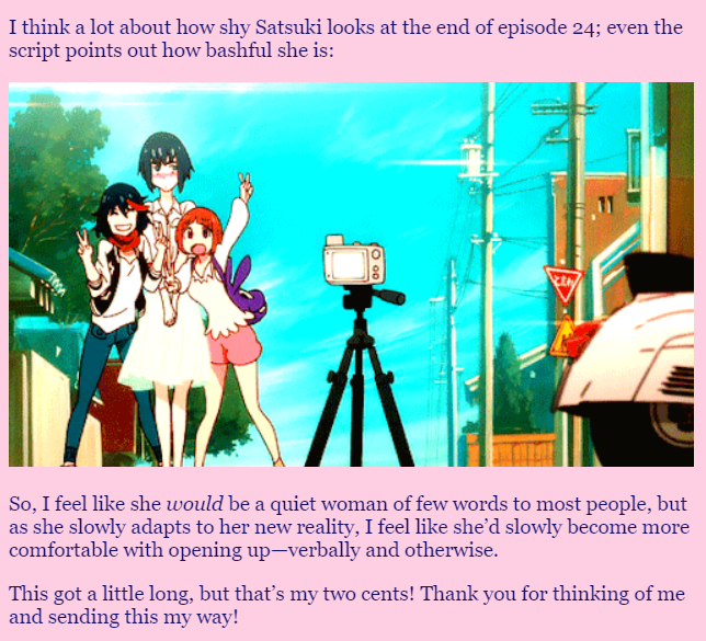 GoopMarshmallow's tweet photo. Some Kill la Kill asks I've answered recently. Short thread. (1/3)

First, headcanons about Satsuki.

Blog link: https://t.co/qipfZYLBVt https://t.co/SiiF5N6dzS