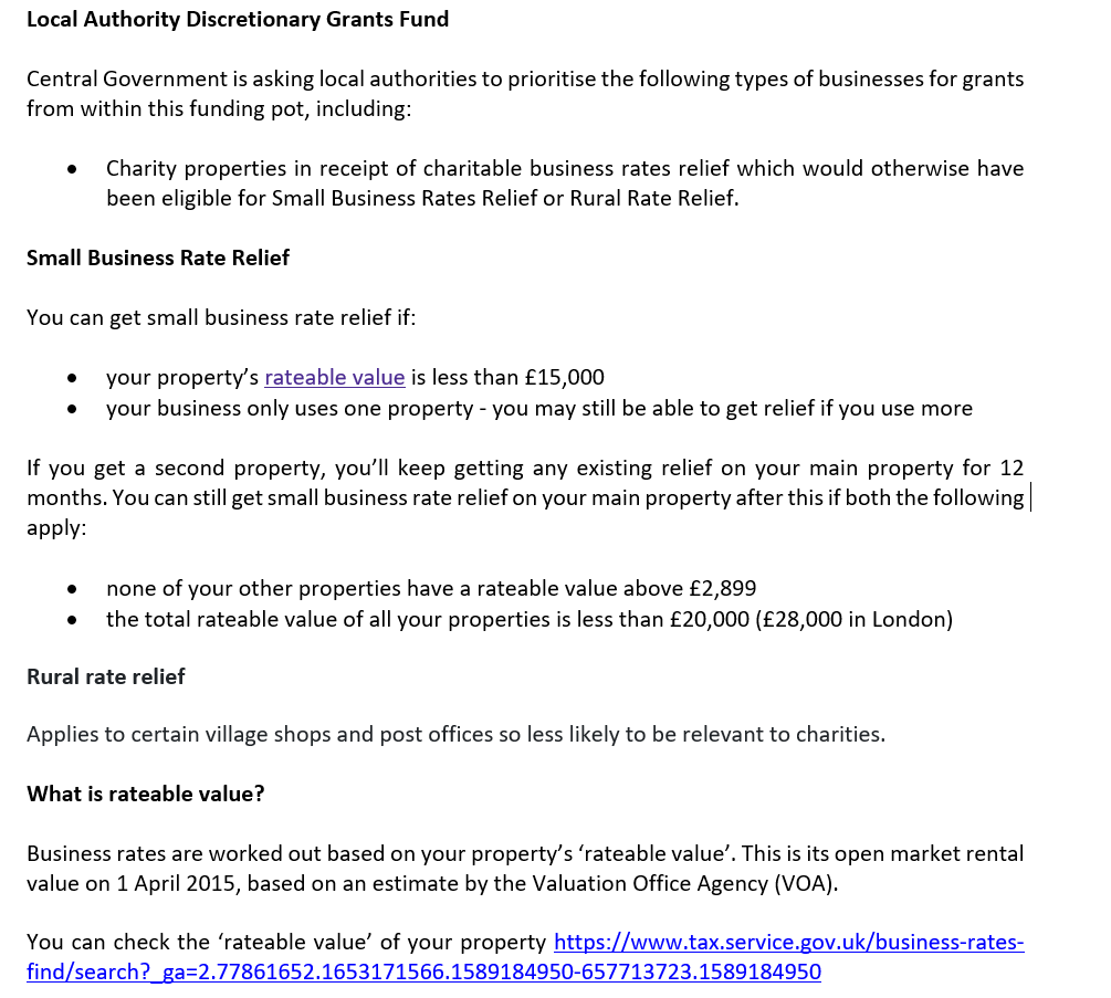 We know that  @sccoalition &  @NAVCA are developing helpful resources on understanding  #rateablevalue & eligibility for  #SmallBusinessRatesRelief. In the meantime, a short overview of both in the image below. Remember you can check your  #rateablevalue online  https://www.tax.service.gov.uk/business-rates-find/search?_ga=2.142848309.1653171566.1589184950-657713723.1589184950