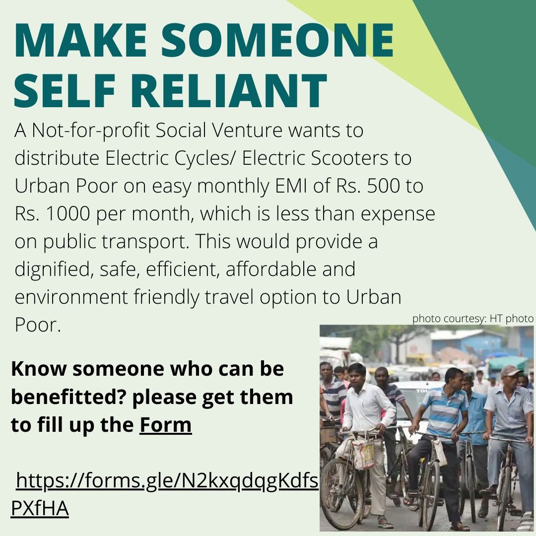 RoleNo66's tweet photo. Know someone who can benefit from an electric cycle or scooter on EMI, but do not have resources to get the finance? here is a chance. Help them fill up this form. will take no more than 2 min. #electricvehicle #selfreliance #microfinance

https://t.co/OoYL7FOBjo https://t.co/NEVfSGcqKO