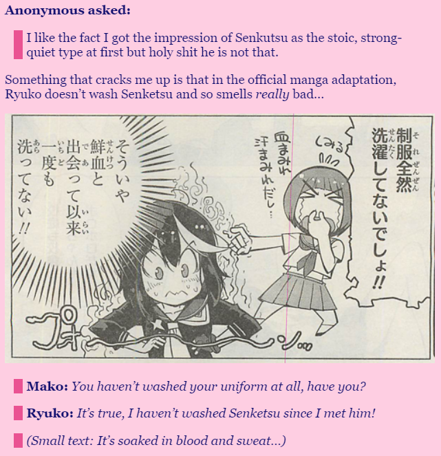 GoopMarshmallow's tweet photo. (2/3) Senketsu isn't really the "stoic, strong-quiet type."

Blog link: https://t.co/fSgwm86EzF https://t.co/JfBu4P3Ell