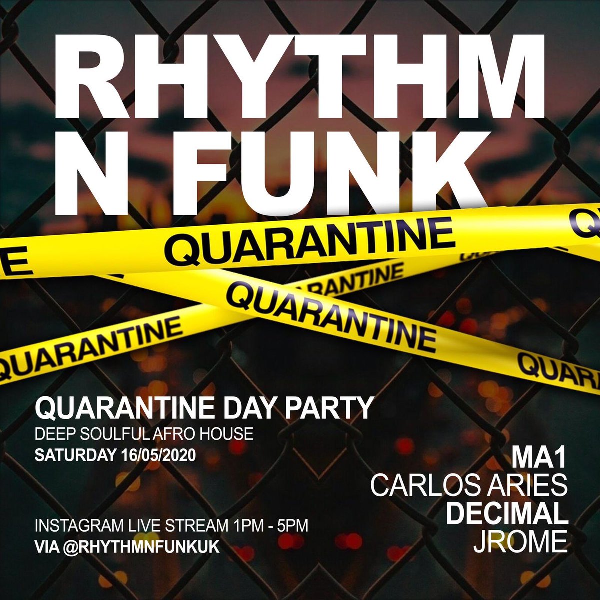 This Saturday join us on Instagram for our day party live stream from 1pm-5pm w/ <a href="/djma1/">MA1</a> <a href="/Carlosaries/">Carlos Aries</a> <a href="/DJDECIMAL/">Dj Decimal Always Onpoint</a> <a href="/jromePR/">J'ROME</a> . Follow rhythmnfunkuk on IG.