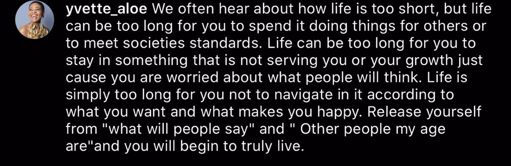 mullokozi's tweet image. Key words 🔑 

Release yourself from “What will people say” and “Other people my age are” and you will begin to truly live 

@Yvette_Aloe