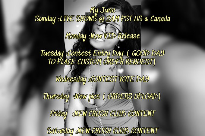 My June Schedule Sunday:LIVE SHOWS @ 2AM PST US &amp; Canada Monday:New VID Release Tuesday:Contest Entry<a href="/tag/manyvids"class="tags"><span>#manyvids</span></a>