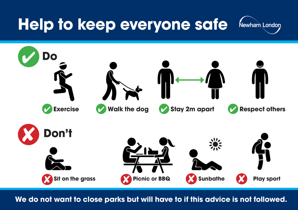 NewhamLondon's tweet photo. Help to keep everyone safe - #StayAtHome
You can only go out for:
- medical needs π₯
- to shop (food / medicine) ππ
- exercise (follow #KeepYouDistance guidelines) ππΏββοΈ
- work (if you can't work from home) π¨π½ββοΈ
For enforcement on social distancing rules call local police on 101 https://t.co/vBom81BFyq