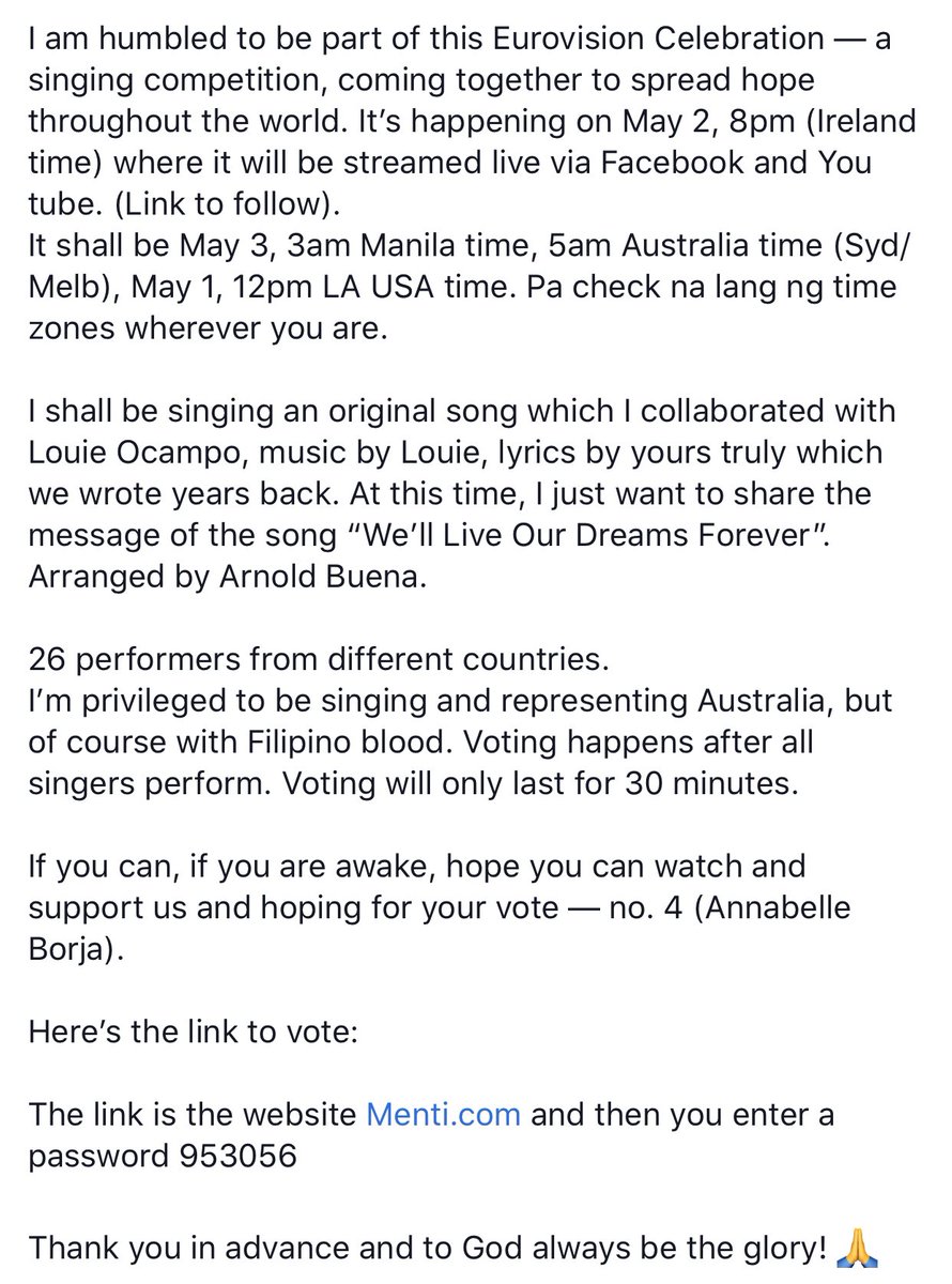 IsaInOz's tweet photo. Pa help Vote for Annabelle Borja (Filo) tomorrow May 3 5am Australia time (check your Timezone) as she represents Australia in Eurovision @annabsborja https://t.co/UqQuYcaSwX