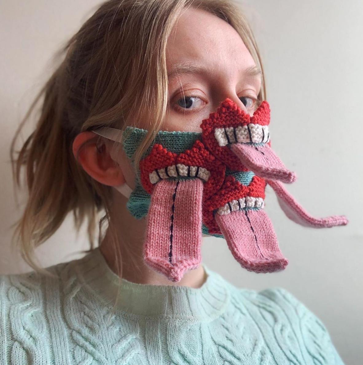 designboom's tweet image. these tongue-in-cheek knitted face masks by ýrúrarí scarily enforces social-distancing designboom.com/design/tongue-…