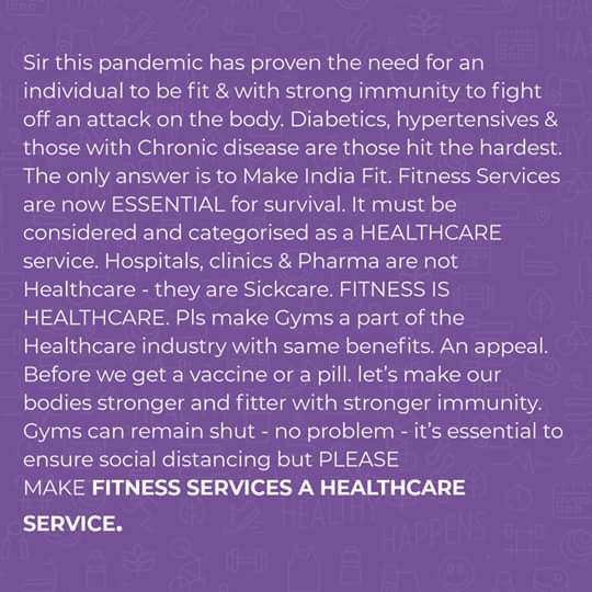 ranjanessar's tweet photo. Dear Sir / Ma'am, It's a humble request to make GYMS a part of the Healthcare Industry. 

PREVENTION IS BETTER THAN CURE. 

@PMOIndia @MoHFW_INDIA @PIBHomeAffairs @FitIndiaOff https://t.co/Z9kHUdnXgz