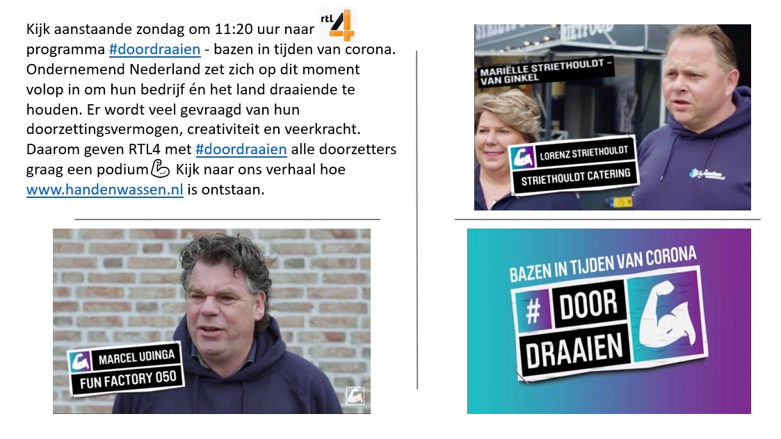Kijk as zondag om 11:20 uur naar RTL4 programma #doordraaien - bazen in tijden van corona.  RTL4 geeft met #doordraaien alle doorzetters graag een podium. Kijk naar ons verhaal hoe handenwassen.nl is ontstaan.#mobiel #handwasunit #covid19 #handenwassen #RIVM #zorg