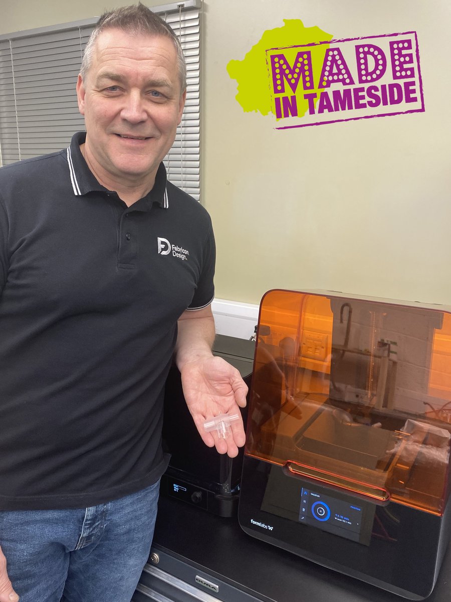 TamesideCouncil's tweet photo. A Tameside firm has developed a life-saving valve for respiratory machines which is helping patients with Covid-19 in Tameside Hospital.

#MadeInTameside #ProudTameside @FabriconDesign

@tandgicft https://t.co/79pRcOG9mg