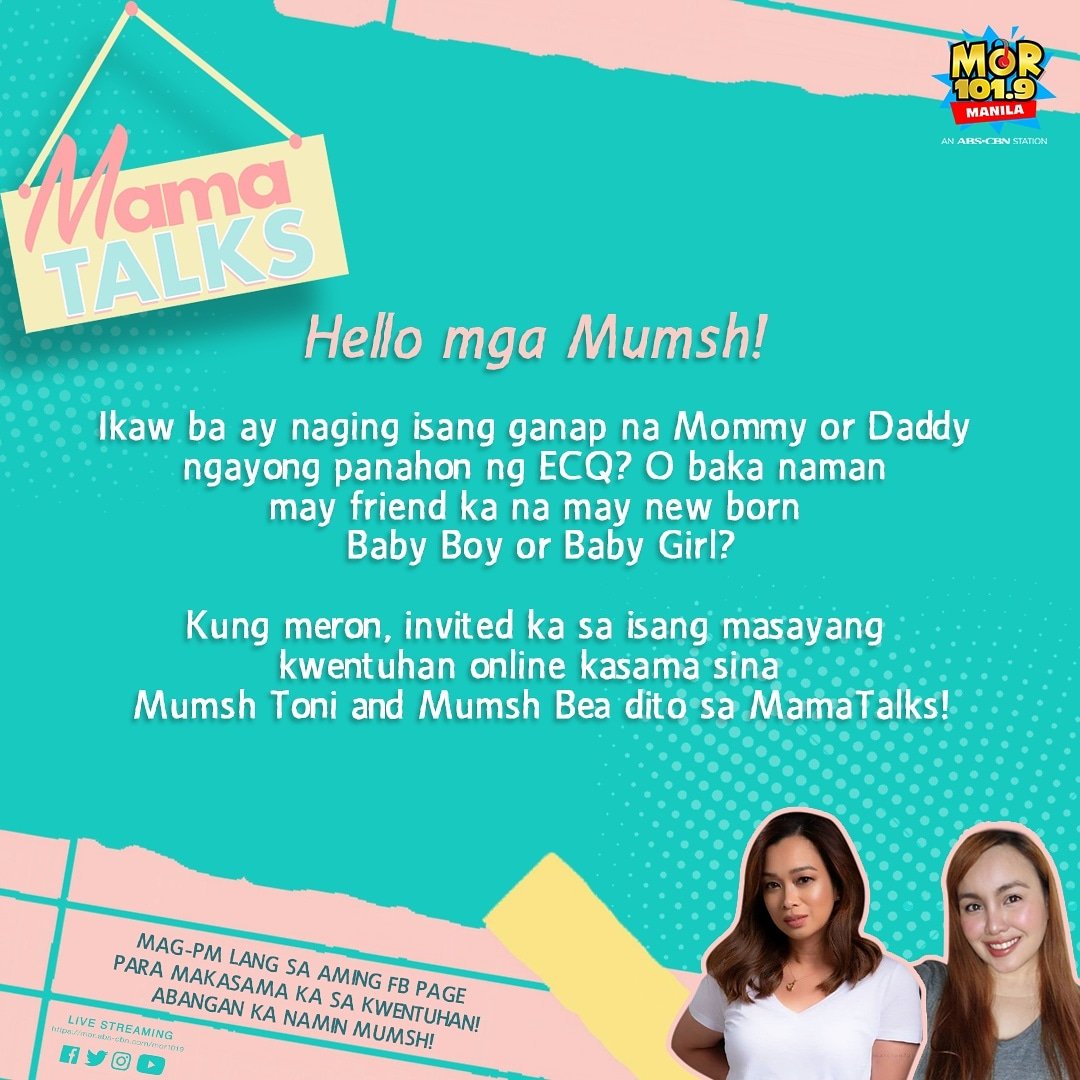 MORentPH's tweet photo. Hello mga Mumsh! Kung may kilala kang naging isang ganap na Mommy or Daddy ngayong ECQ period, tag mo na sila! Kwentuhan tayo bukas kasama sina @iamtoniaquino and @mor1019bea dito sa #MamaTalks! Bukas ng 10 AM, Live sa ating official Facebook page! https://t.co/zCwJqfOYZl