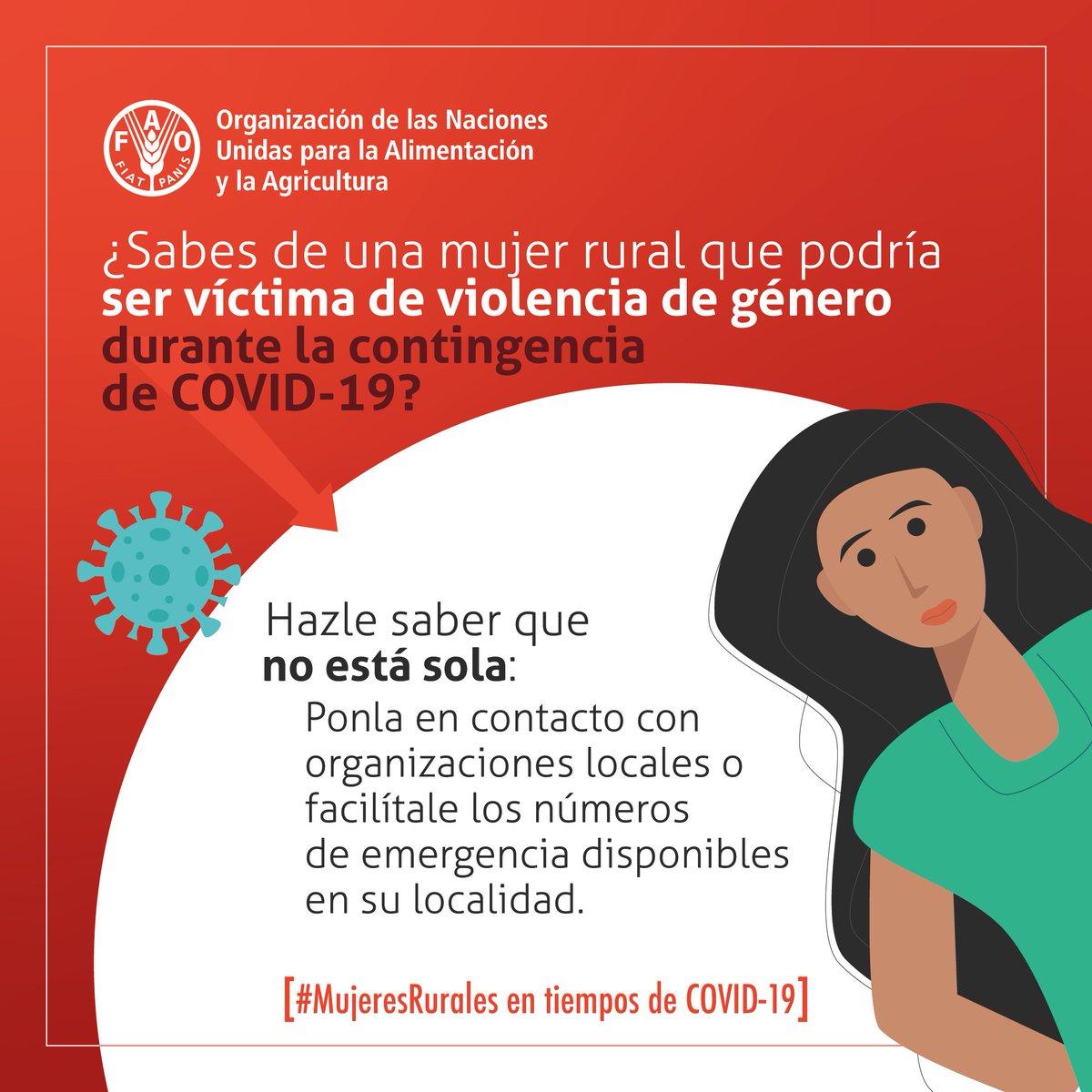 ⚠Varios países de la región han registrado un aumento en la violencia de género durante la emergencia por #COVID19. 
.
.
🚺♀Si trabajas con #MujeresRurales, infórmate sobre los números ☎ de emergencia disponibles en tu comunidad.