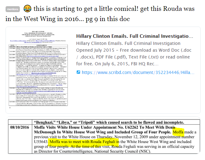 7/ I googled "Rouda Feghali" and read a Nov 2018 thread by @realZiggli (someone I was unaware of) on the FBI which  https://threadreaderapp.com/thread/1068548324977008641.html mentioned Feghali in connection with Jonathan Moffa, Horowitz' Intel Section Chief, and an August 10 visit by Moffa to White House