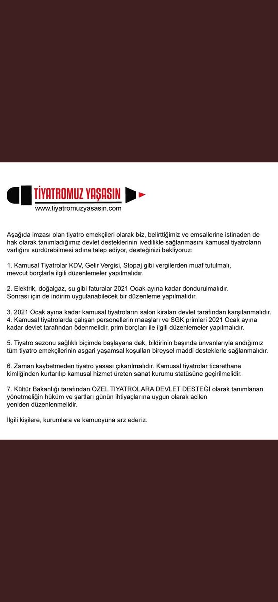#tiyatromuzyaşasın
İçerisinde bulunduğumuz bu zor günler sebebiyle fazlasıyla etkilenen özel tiyatroları desteklemek için
tiyatromuzyasasin.com a imzalarınızı atabilirsiniz. 
#TİYATROMUZYAŞASIN 
yaşasın ki ...........
 (Boşluğu herkes kendi doldursun;)