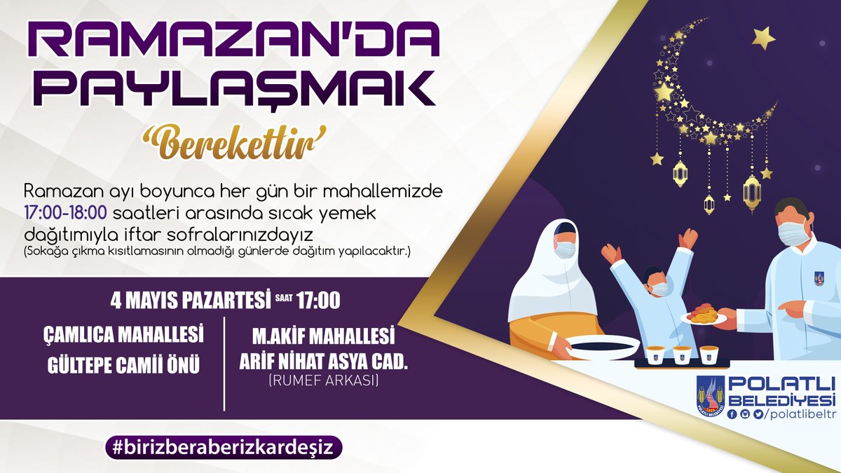 Mübarek Ramazan Ayı dolayısıyla mahallelerimizde sıcak yemek dağıtımlarımız başlıyor. 
4 Mayıs Pazartesi - Saat 17.00
Çamlıca Mahallesi - Gültepe Camii Önü
Mehmet Akif Mahallesi - Arif Nihat Asya Caddesi (RUMEF Arkası)
facebook.com/polatlibeltr/p…