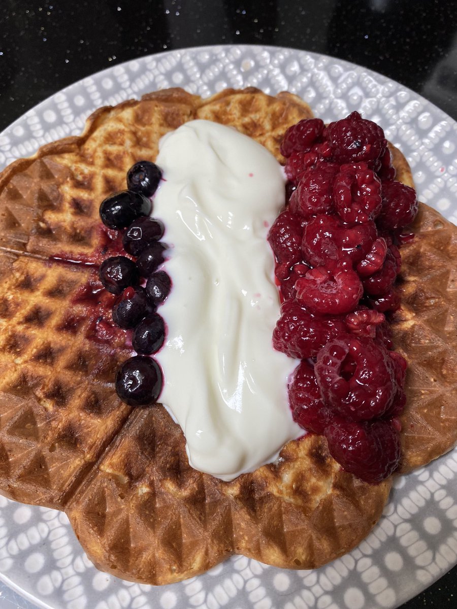 suemalloz's tweet photo. @SaturdayKitchen my French Flag porridge waffles sorry I had more raspberries than blueberries 😂 https://t.co/Q6tdM5YuK4