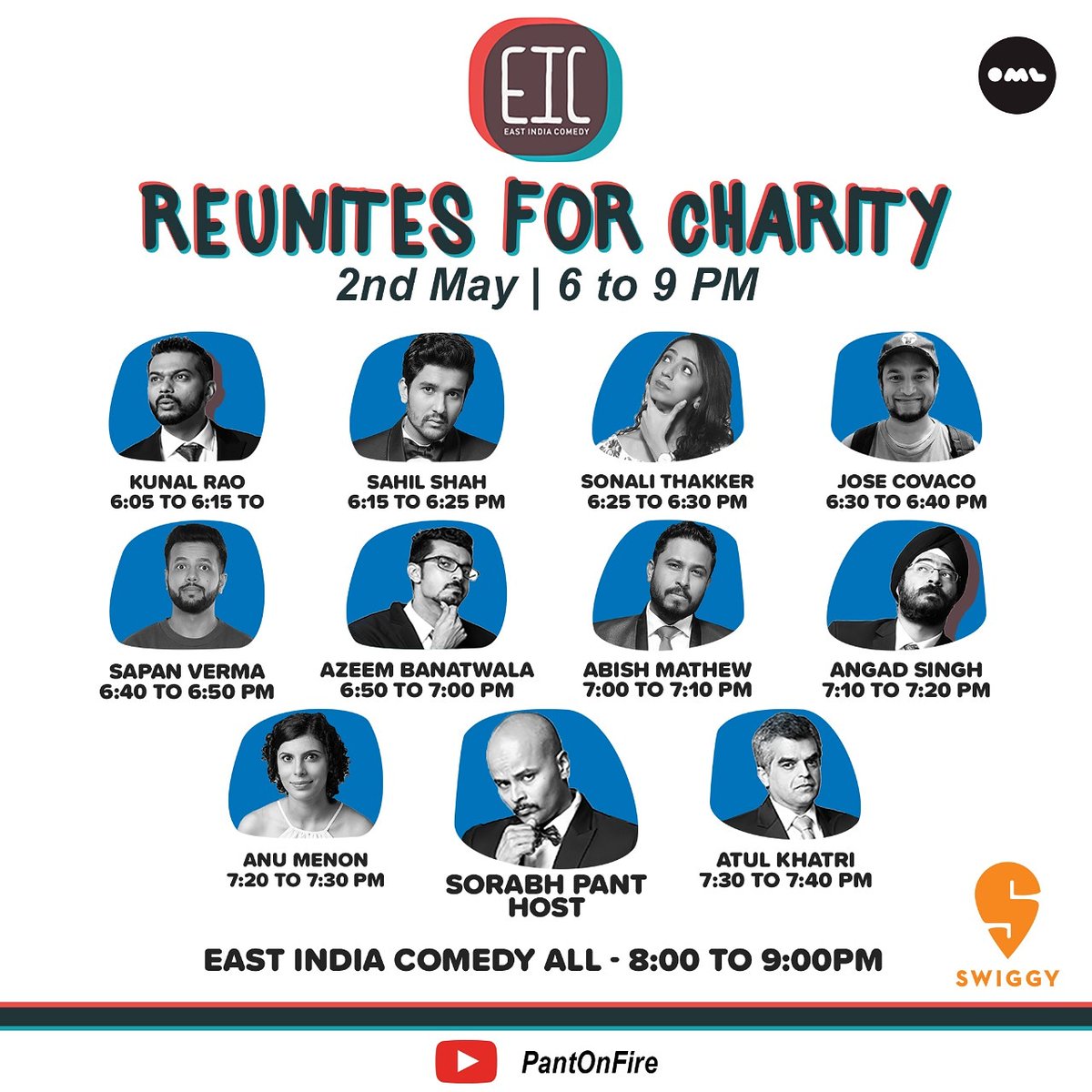 Schedule for today's #EICReunion
Is going to be loads of fun and lots of bitching.
6to9 PM. YouTube.com/PantOnFire

All proceeds go to #HopeNotHunger by <a href="/swiggy_in/">swiggy</a> - which has given 28 lakh meals to the homeless in the lockdown.