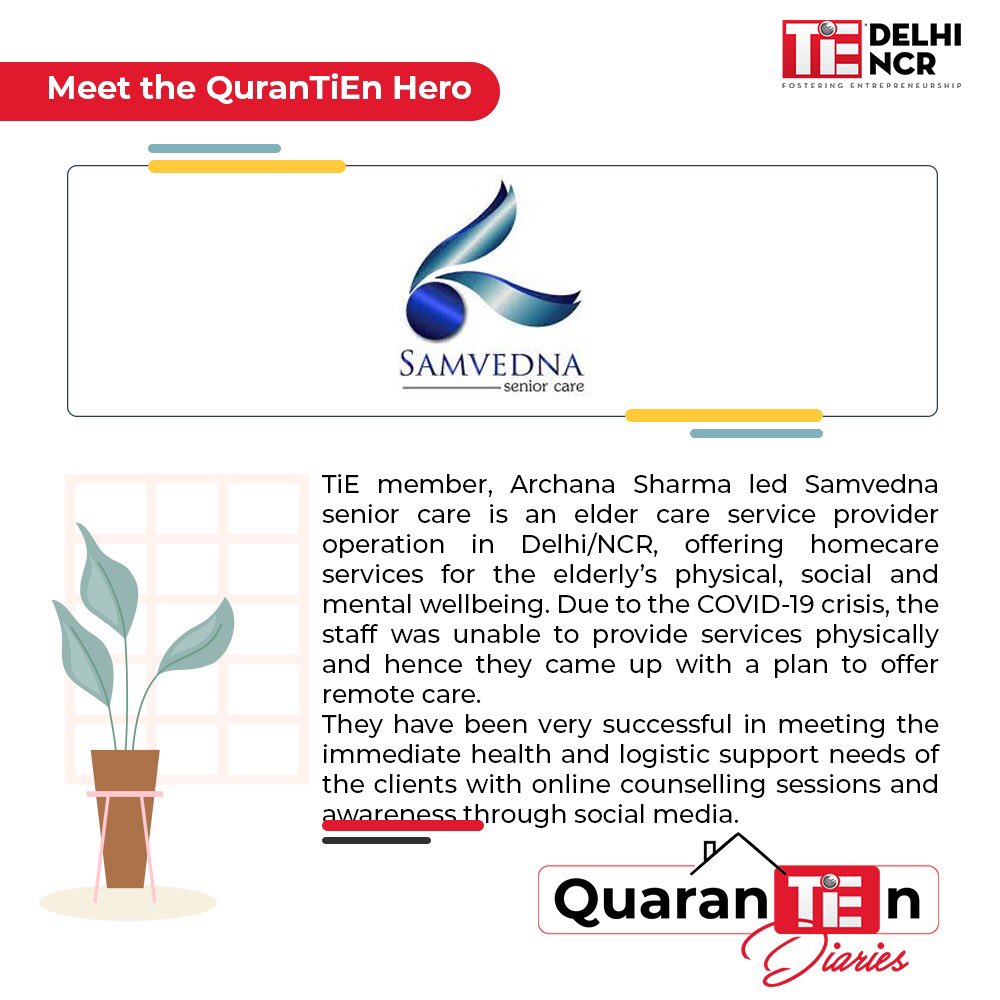 TiEDelhi's tweet photo. We are proud of our #TiEMember Archana Sharma for leading @SamvednaSeniorC & providing remote health & logistic support to the elderly in need. This is the time to extend support to each other & TiE Members are doing their best.
#QuaranTiEnHeroes https://t.co/BXtKn1sER4