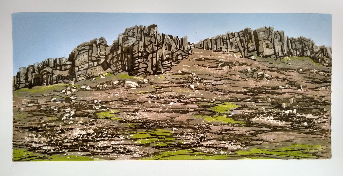 'The Roaches' - finished! Linocut on paper (image 60 x 28 cm). This is an 8 colour layer reduction linocut. Edition of 12.
The last time we were here it rained, hailed, wind and the sun shone too. #theroaches #climbing #thepeakdistrict #linocut #art #printmaking #landscapeart