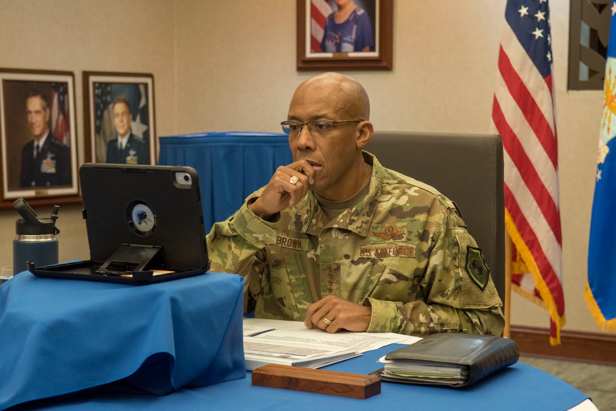 PACAF's tweet photo. Air chiefs & leadership from 19 air forces gathered for a virtual conference on COVID-19 response hosted by Gen. CQ Brown, Jr., @PACAF commander. ”From cooperation to conflict & now, through COVID-19, we remain #strongertogether." #FreeandOpenIndoPacific https://t.co/dc6w1K8G1n https://t.co/MCjNxnPBAc