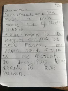 ORCA_web's tweet photo. How fantastic is this!  Oran has been watching ORCA Lessons &amp; has made a blue whale out of old milk cartons &amp; fruits containers, plus written facts about blue whales to share with his class at show &amp; tell. Amazing work, Oran! https://t.co/J1SJeZ0BE4