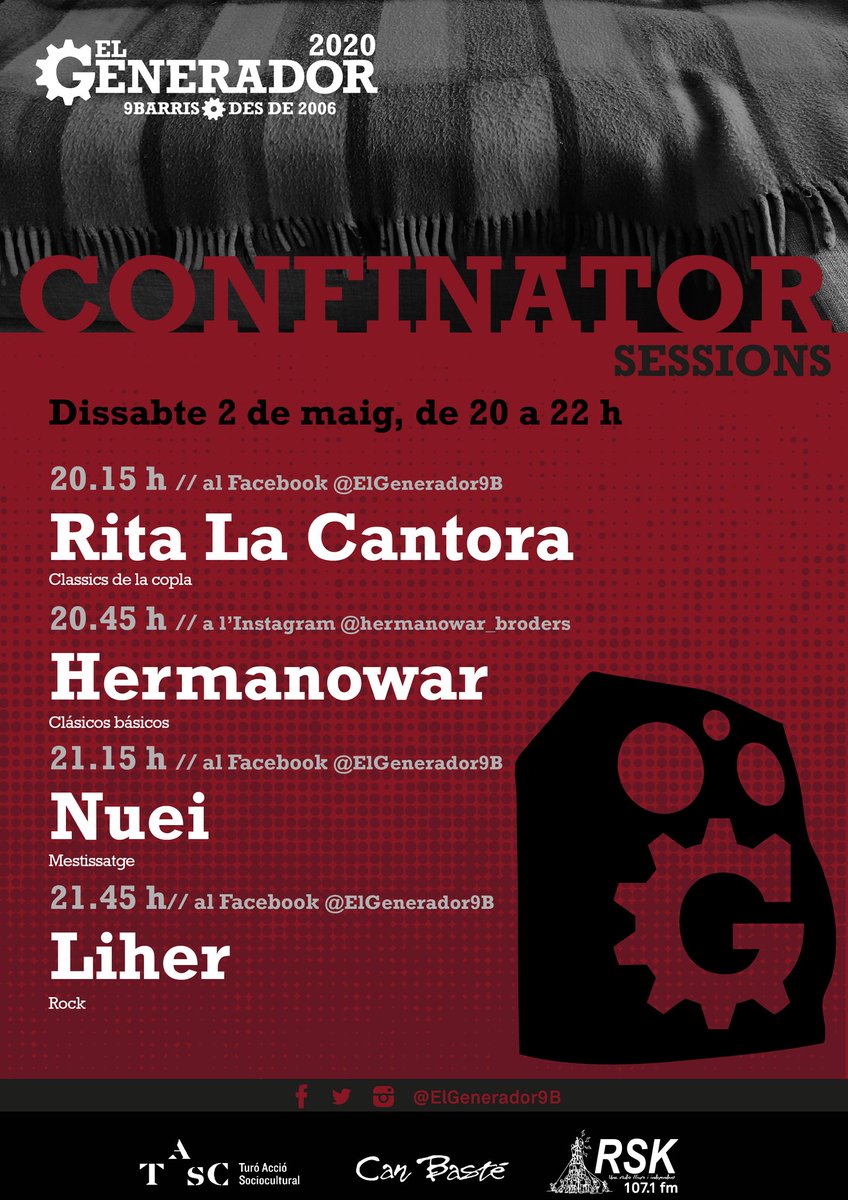 ElGenerador9B's tweet photo. Avui tenim les #ConfinatorSessions! A a partir de les 20.15h amb #RitaLaCantora, #Hermanowar, @nueiband i @Liherband, millor que sortir a fer running! https://t.co/qKUWXzuLxX