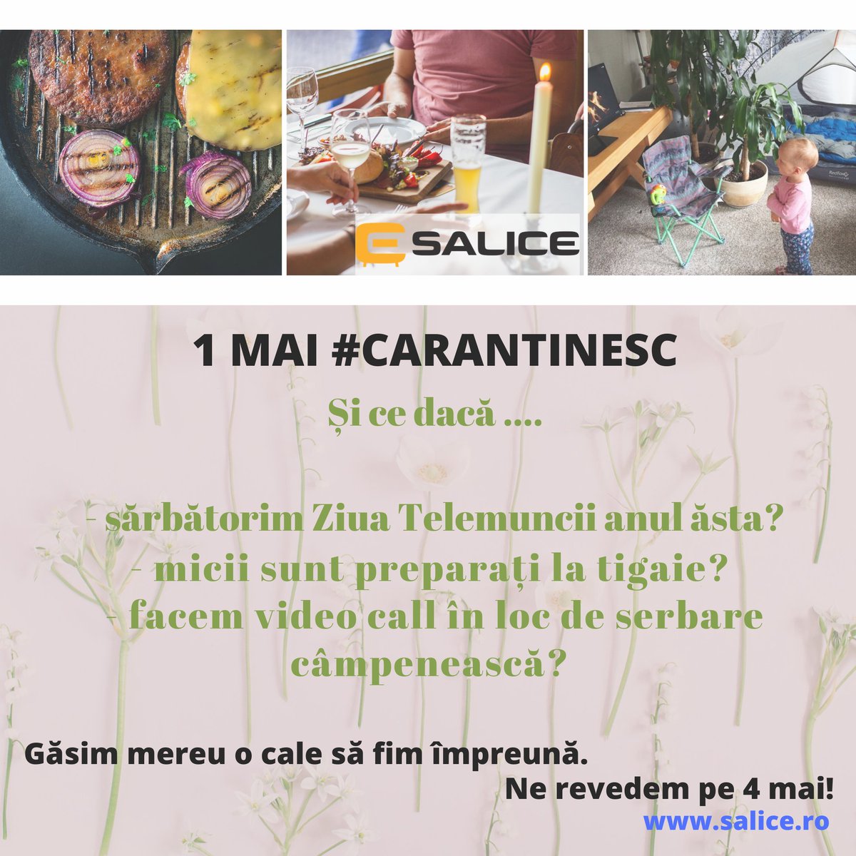 ClujSalice's tweet photo. 🍖 1 Mai #CARANTINESC
Și ce dacă ....
- sărbătorim Ziua Telemuncii anul ăsta?
- micii sunt preparați la tigaie? 
- facem video call în loc de serbare câmpenească? 
🌷 Găsim mereu o cale să fim împreună.
Ne revedem pe 4 mai! https://t.co/fKTcRNXV2G