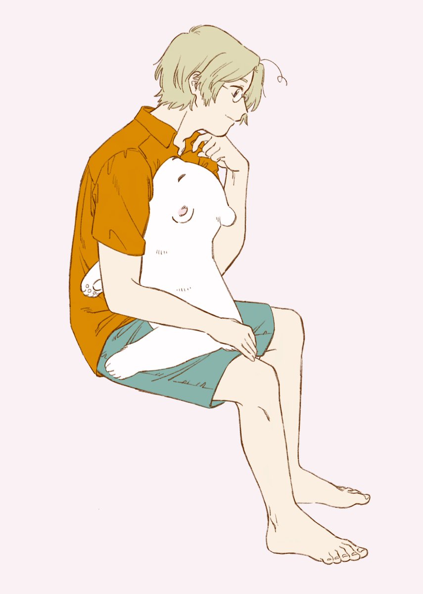 america (hetalia) 1boy male focus polar bear barefoot sitting blonde hair glasses  illustration images