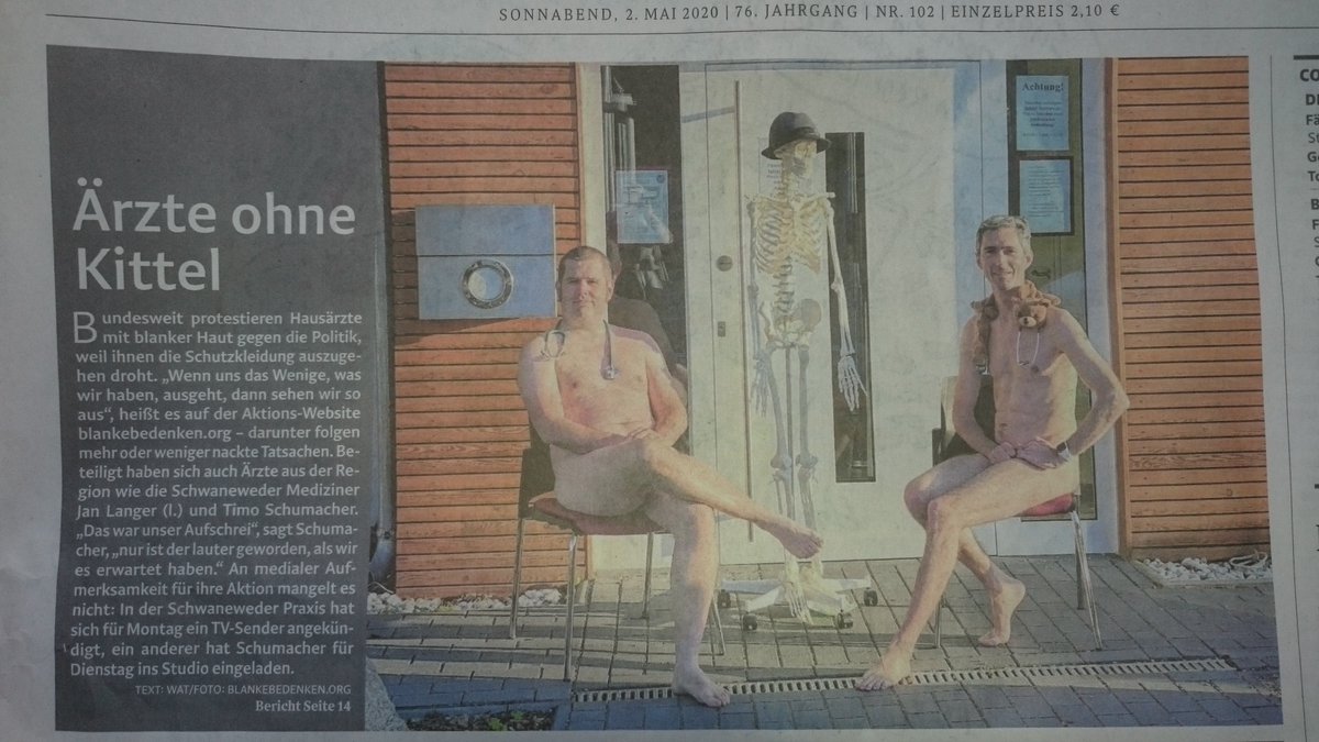 MelanieBergma18's tweet photo. #blankebedenken: Naked German GPs protest against the lack of #ProtectiveEquipment. Those at the frontline of #covid19 feel left alone by Public Health Politics. The father of my colleague and GP in southern Germany has died due to #covid19. https://t.co/fAQ9JE5X0Z