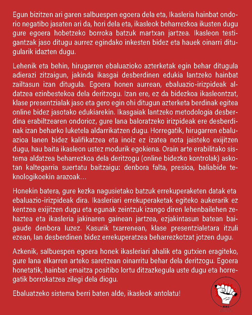 Inkesta eta testigantzetako emaitzak ikusi eta arazoak identifikatu ondoren, hauek dira ikasleok egiten ditugun eskaerak!