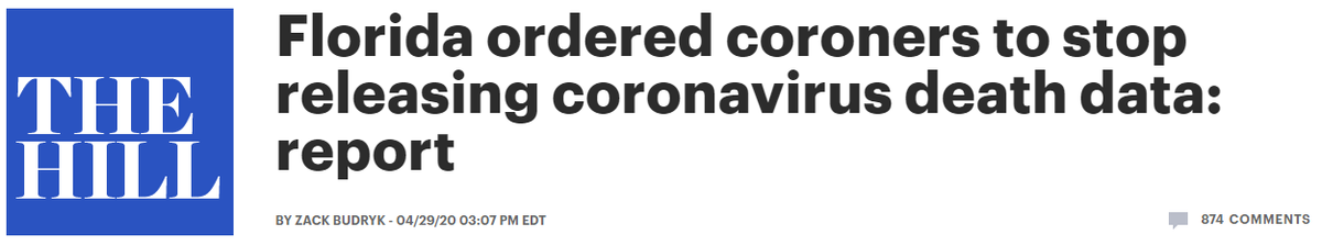 The more I think about this the more I realize there's a very important political story being played out here.It's all about appearances, not accuracy.It's about spinning relative success. https://thehill.com/homenews/state-watch/495295-florida-ordered-coroners-to-stop-releasing-coronavirus-death-data-report#.XqpgjmmFZ94.twitter