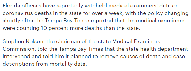 The more I think about this the more I realize there's a very important political story being played out here.It's all about appearances, not accuracy.It's about spinning relative success. https://thehill.com/homenews/state-watch/495295-florida-ordered-coroners-to-stop-releasing-coronavirus-death-data-report#.XqpgjmmFZ94.twitter