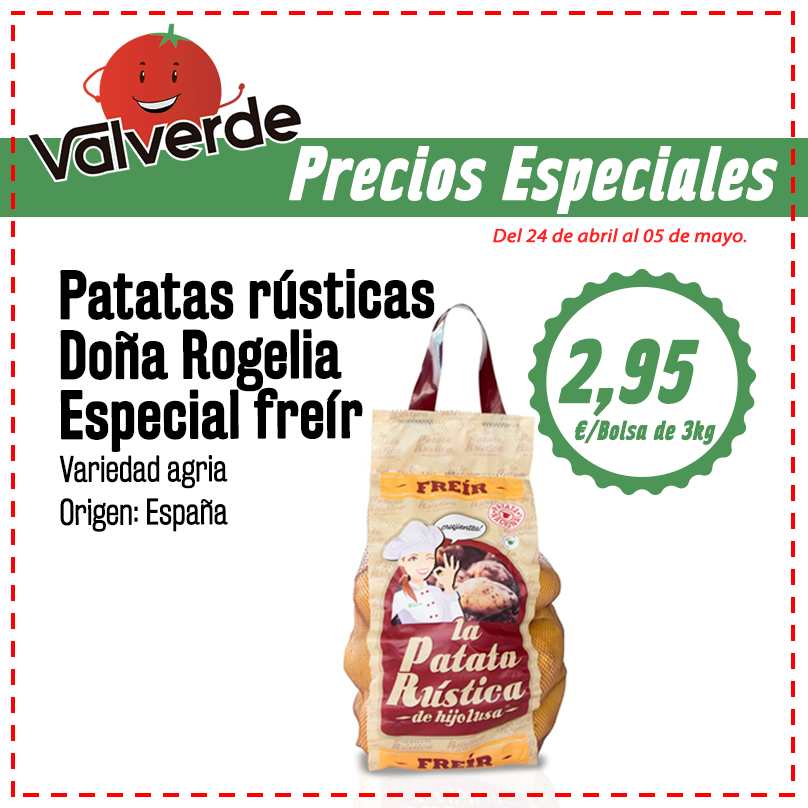 frutasvalverde's tweet photo. Si os apetece una rica tortilla de patatas, os recordamos que en #FrutasValverde tenéis la bolsa de Patatas Rústica Doña Rogelia especial freír a un #precioespecial ⬇⬇

📣Recuerda:
#Alsúpersolovauno
#Compraconresponsabilidad.
👱‍♂⬅👱‍♀Respeta la distancia de seguridad. https://t.co/SdJAPaXWlF