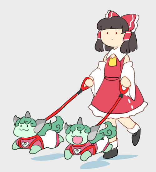 hakurei reimu ,komano aunn bow detached sleeves hair bow hair tubes leash horns red bow  illustration images