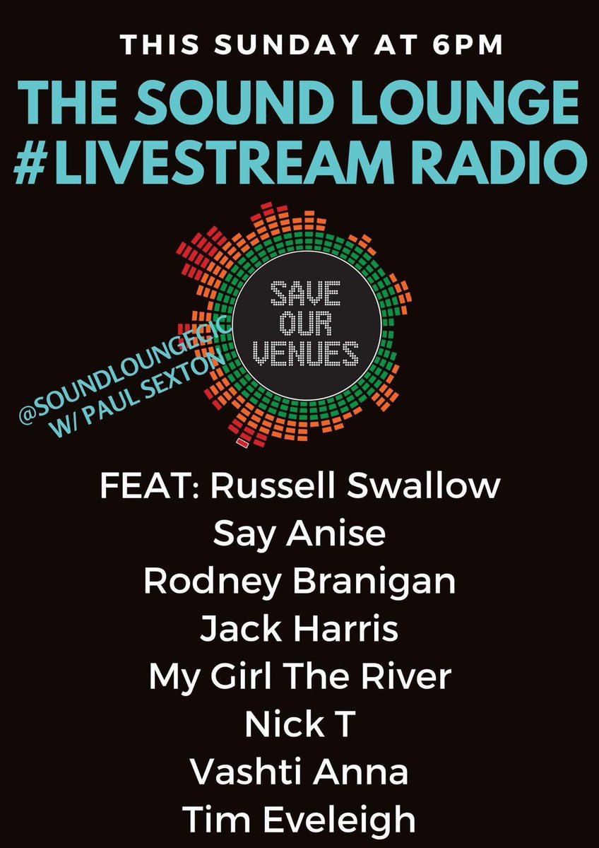 soundloungeCIC's tweet photo. Tomorrow 6pm LIVE on Twitter & Facebook don’t miss @psexton3 doing #livestream #radio with artists @VashtiMusic @RodneyBranigan @sayanise @jharrisfolk @mygirltheriver @russellswallow @timeveleigh #NickT as part of @musicvenuetrust #SaveOurVenues campaign https://t.co/8ECt80Cgyp https://t.co/N80znkc3m4