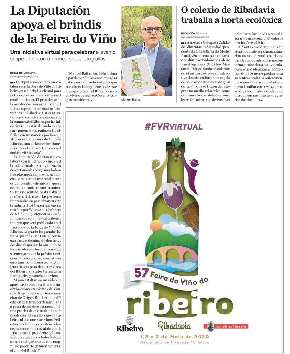 DeputacionOU's tweet photo. 🗞@LaRegion "La @DeputacionOU apoya el brindis de la Feira do Viño #FVRVirtual" 
Una iniciativa virtual para celebrar el evento suspendido con un concurso de fotografías
https://t.co/yHvKK5CKeO https://t.co/5viM66Z6VA