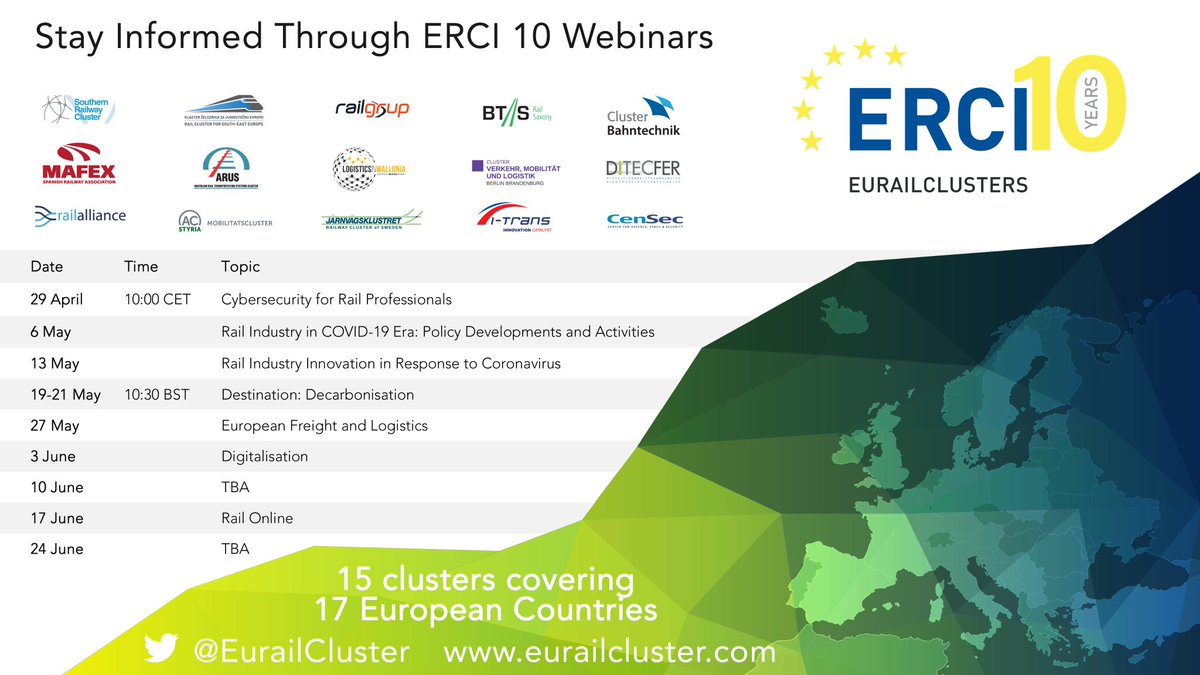 EurailCluster's tweet photo. 📢 Join us on May 6th 10.30 at #ERCI #Webinar on #Rail #Industry in #COVID19 Era: we'll talk about resiliency vs. disruptions in our #SupplyChain, the new #EU policies to tackle them and what #clusters can do in all this.
Registration by May 5th 20.00 CEST
https://t.co/gsxjfwTqzF https://t.co/YFV3knLkGC