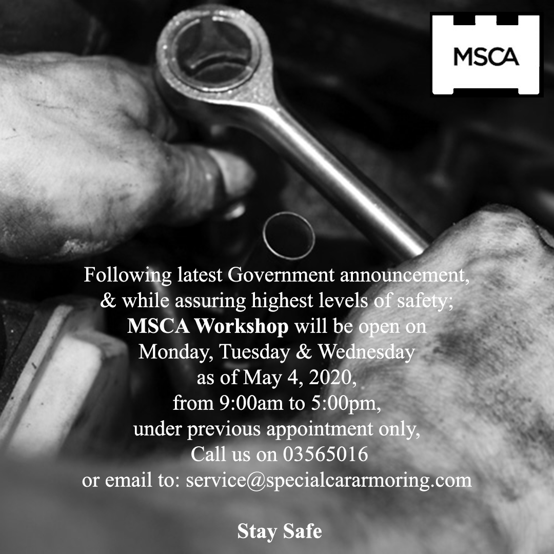 msca_armoring's tweet photo. While assuring highest levels of safety; #MSCA_armoring Workshop &amp; Showroom will be open on 
Monday, Tuesday &amp; Wednesday as of May 4, 2020, 
9am-5pm, under previous appointment only, 
with minimal staff &amp; maximal safety measures.
Call on +9613565016
#StaySafe #Covid_19 #Lebanon https://t.co/p0lrBOcAuM
