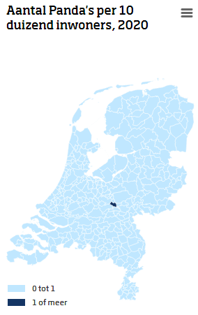 Het aantal panda's per 10 duizend inwoners in Nederland