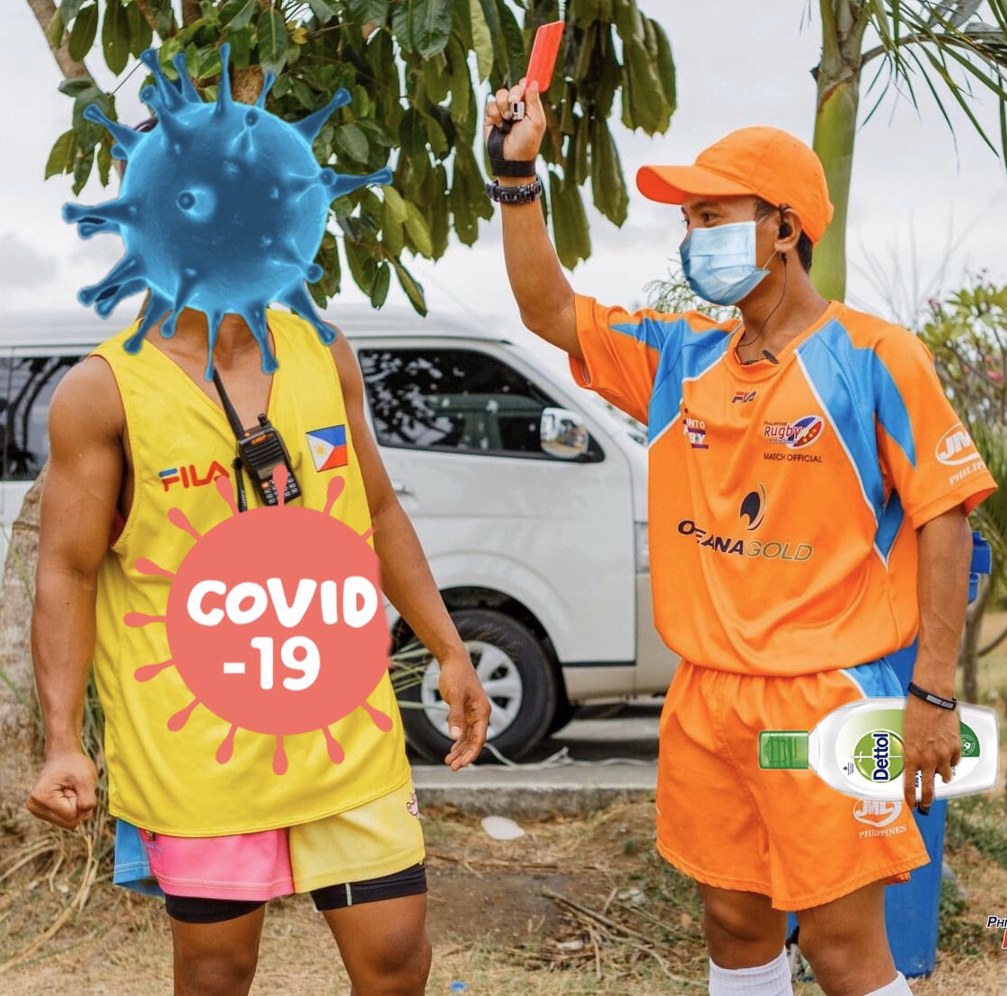 ClarkJetsRFC's tweet photo. #ClarkJets captains &amp; referees, @joe18mari, @MadronaJonel &amp; @JovanMasalunga send away #COVID19 &amp; show the red card! Good call! 
     
#ECQ #stayhome #staysafe #PotBelliedPigsHK #CanterburyRFC #OneClub #Overgaard #JetsFitness #MarineTravel #Projexasia #JetsFamily #simplythebest https://t.co/9LvFfvAliW