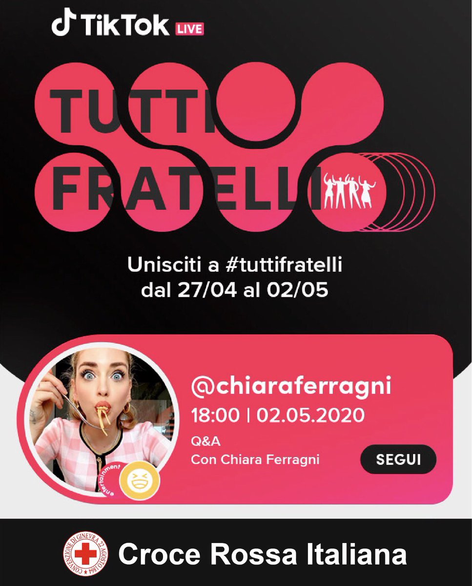 giovanicri's tweet photo. 👉🏻 Alle ore 18:00 ci sarà la prima Live su Tiktok di @ChiaraFerragni in sostegno della @crocerossa: ci sarà la possibilità di donare per supportare i danni sanitari ed economici causati dal Covid19. Per ogni donazione che arriverà, @tiktok_us raddoppierà la somma! 💯 #CroceRossa https://t.co/buM3QV90s8