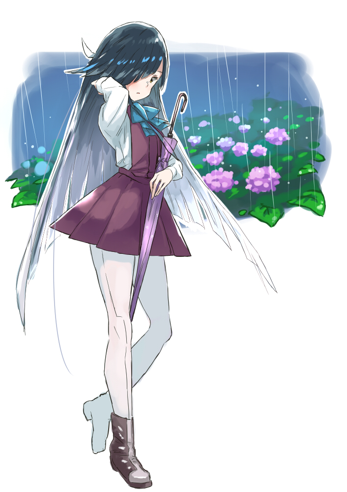 hayashimo (kancolle) 1girl solo long hair umbrella hydrangea black hair hair over one eye  illustration images