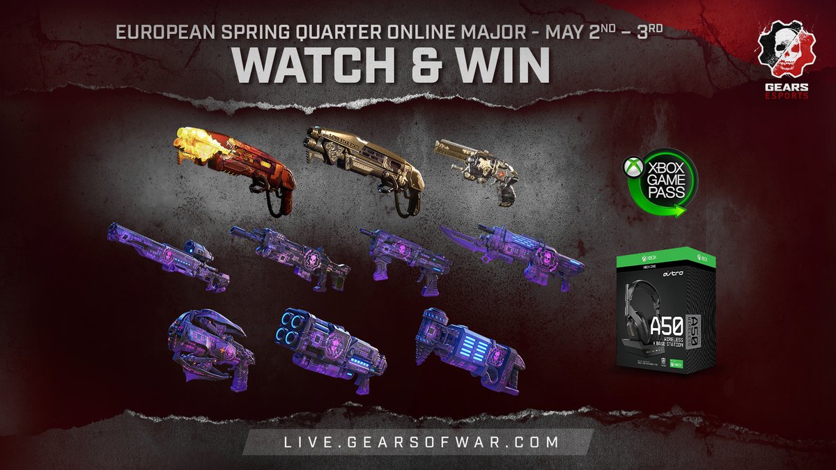 LIVE NOW: Spring Quarter Online EU Major with <a href="/EGL/">EGL (Esports Gaming League)</a> - Day 1

✅ Brackets &amp; Schedule
✅ Watch &amp; Win info
✅ Event Details
✅ Stream: live.gearsofwar.com

All you need to know: gears.gg/spring-quarter…