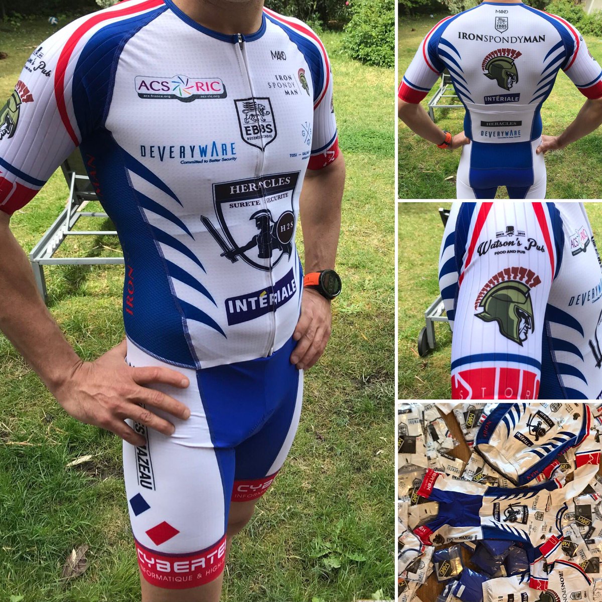 ironspondyman1's tweet photo. Nouvelles tenues de la team @ironspondyman1 pour la saison de triathlon et représenter @ACSpondyl pour lutter contre la maladie. Merci à nos partenaires @cybertek_fr @Ecole_EBBS @watsonpub @cyclesmazeau @deveryware @Interiale https://t.co/QDRFypVsNF